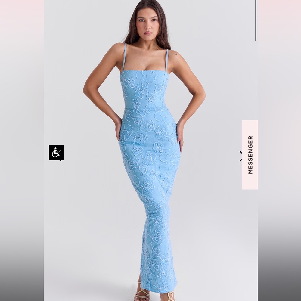 House of CB EVA TUSCAN BLUE EMBROIDERED FLORAL MAXI DRESS